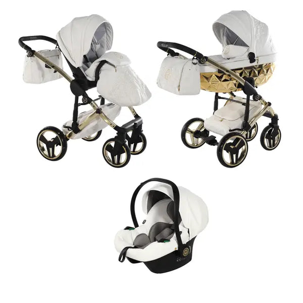 Junama Handcraft Enzo White & Gold Pram – 3 in 1 Luxury Travel System Junama