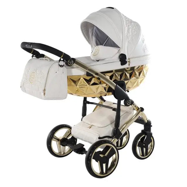 Junama Handcraft Enzo White & Gold Pram – 3 in 1 Luxury Travel System Junama