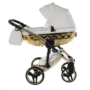 Junama Handcraft Enzo White & Gold Pram – 3 in 1 Luxury Travel System Junama
