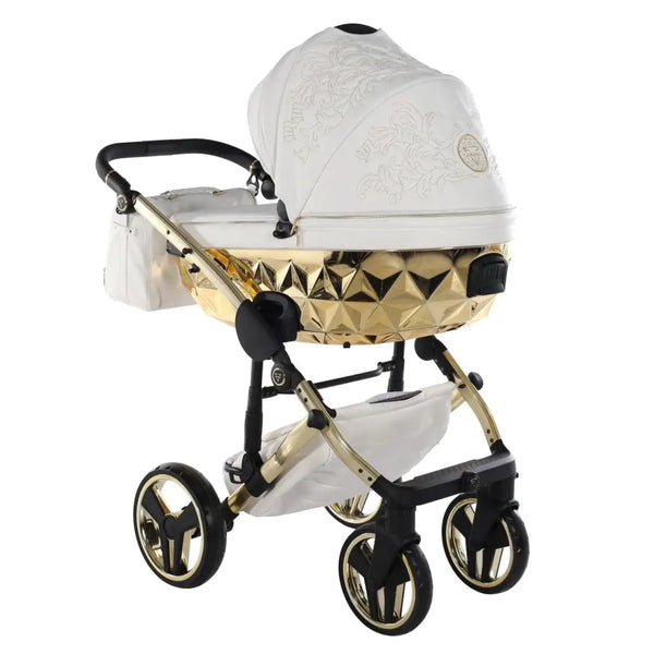 Junama Handcraft Enzo White & Gold Pram – 3 in 1 Luxury Travel System Junama