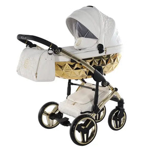 Junama Handcraft Enzo White & Gold Pram With Isofix Base – 4 in 1 Luxury Travel System Junama