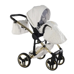 Junama Handcraft Enzo White & Gold Pram With Isofix Base – 4 in 1 Luxury Travel System Junama