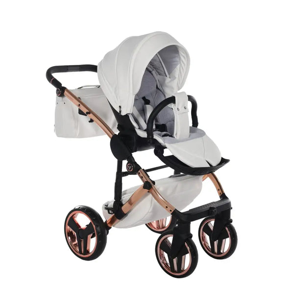 Junama Handcraft Enzo White & Rose Gold Pram – 2 in 1 Luxury Travel System Junama