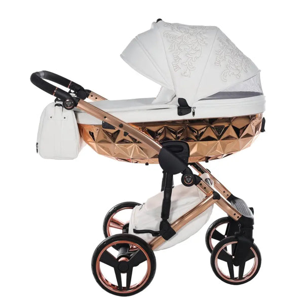 Junama Handcraft Enzo White & Rose Gold Pram – 3 in 1 Luxury Travel System Junama