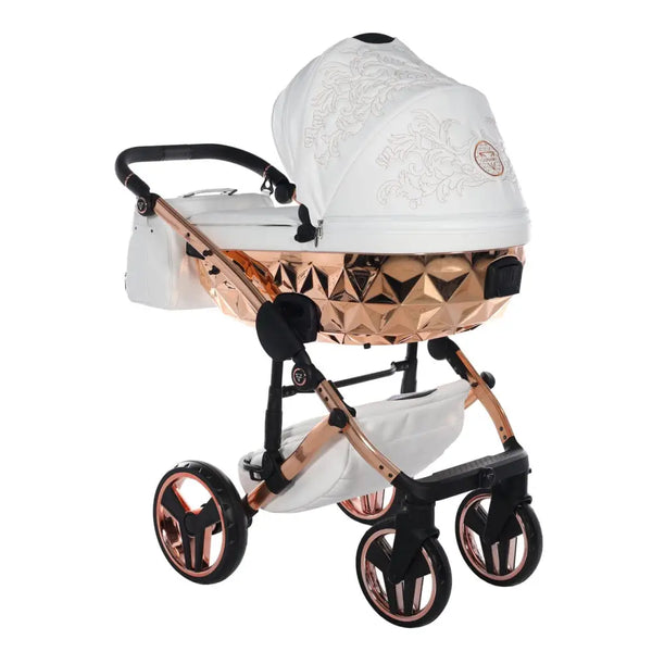 Junama Handcraft Enzo White & Rose Gold Pram – 3 in 1 Luxury Travel System Junama