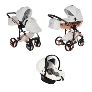 Junama Handcraft Enzo White & Rose Gold Pram – 3 in 1 Luxury Travel System Junama