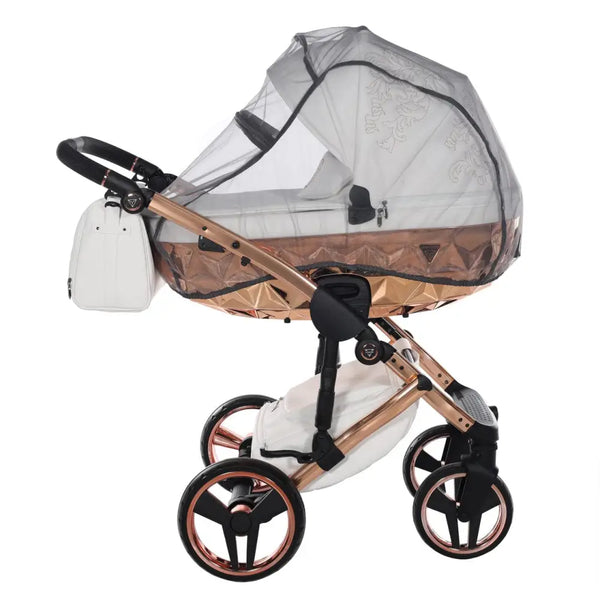 Junama Handcraft Enzo White & Rose Gold Pram With Isofix Base – 4 in 1 Luxury Travel System Junama