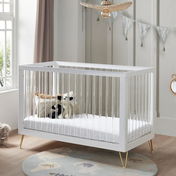 Kimi Acrylic Cot Bed in White and Gold 120cm x 60cm Babymore