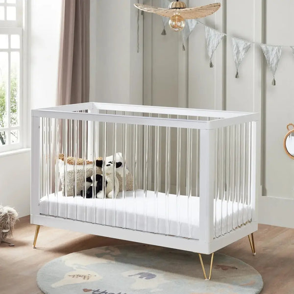 Kimi Acrylic Cot Bed in White and Gold 120cm x 60cm Babymore