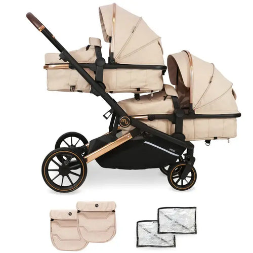 My Babiie MB33 Tandem Single to Double Pram - Giraffe Print - Pushchair Bundle with Accessories (No Car Seats)