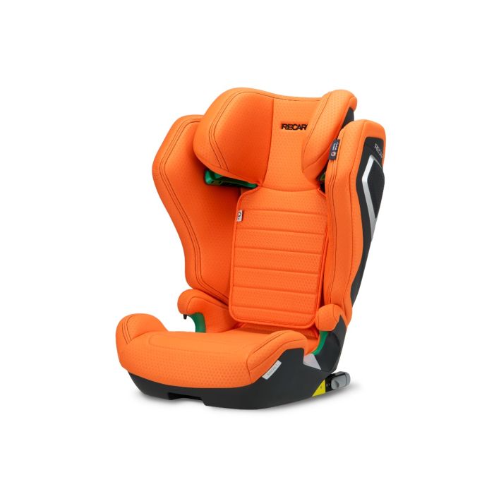 Recaro AXION 1 in Vibrant Orange, angled front view showing padded headrest and ribbed backrest.