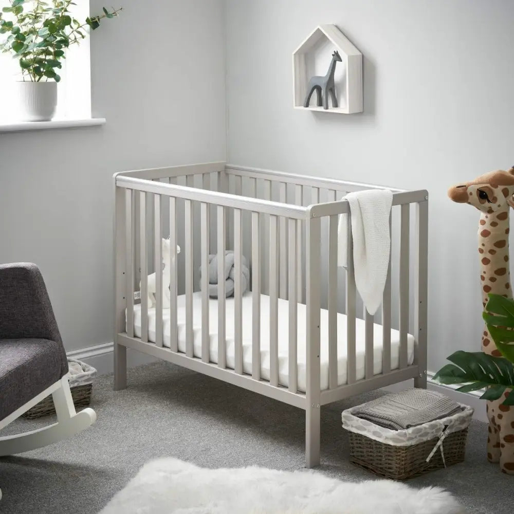 OBaby Bantam Space Saver Cot & Fibre Mattress – Warm Grey | Bundle Deal Obaby