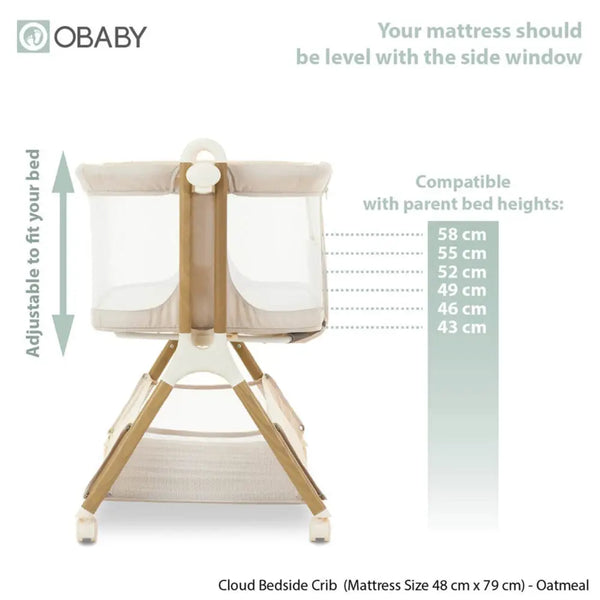 OBaby Cloud Bedside Crib Bundle Including Fitted Sheets – Oatmeal adjustable height diagram and specifications