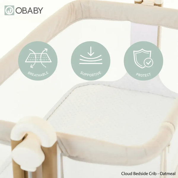 OBaby Cloud Bedside Crib Bundle Including Fitted Sheets – Oatmeal features breathable, supportive, and protective elements.