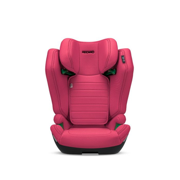 Recaro AXION 1 in Wow Pink, front view with padded side wings and green belt guides.