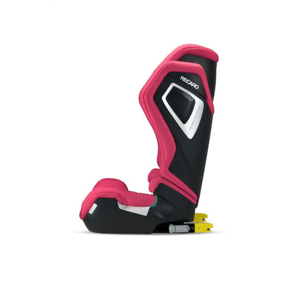 Recaro AXION 1 in Wow Pink, side view with yellow ISOFIX connectors extended behind the base.