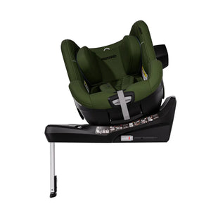 Epic Green TORON 1 KID, rotated on its base with padded harness, black side attachment and extended support leg.