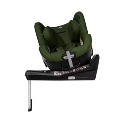 Epic Green TORON 1 KID, rotated on its black base with padded harness and silver support leg extended.