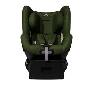 Recaro TORON 1 KID in Epic Green, front view showing padded shoulder straps, buckle and grey adjustment strap.