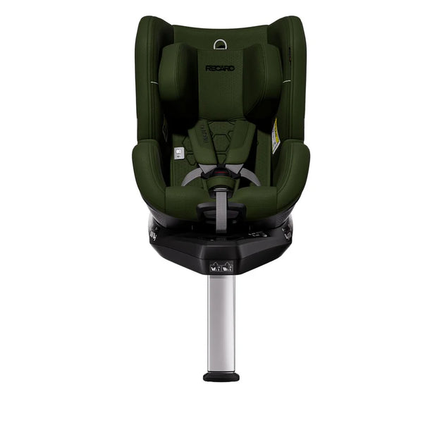 Recaro TORON 1 KID in Epic Green, front view with padded harness and extended silver support leg.