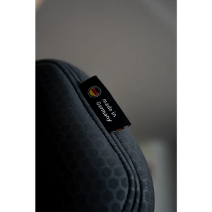 Close-up of Gallant Grey upholstery with double stitching and a Made in Germany fabric label.
