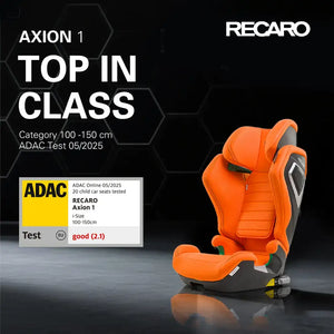 Orange AXION 1 with graphic stating Top in Class, 100–150 cm; ADAC May 2025 rating: Good (2.1).