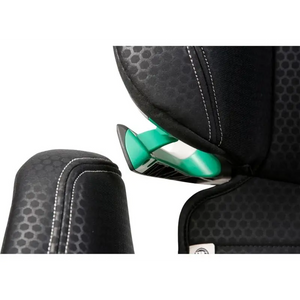 Close-up of the Fresh Black headrest and green shoulder belt guide, showing patterned fabric and contrast stitching.