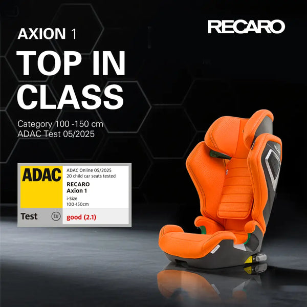 Orange AXION 1 with graphic stating Top in Class, 100–150 cm; ADAC May 2025 rating: Good (2.1).