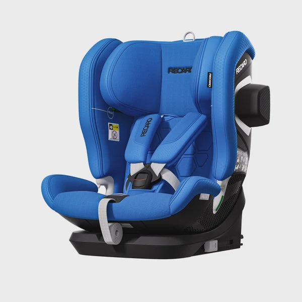 Recaro VELIX 1 in Calm Blue, angled front view with padded harness, black base and outer side attachment.