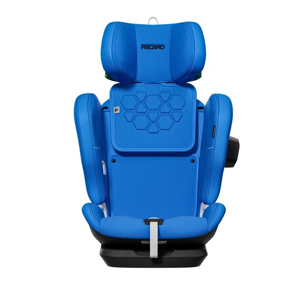 Calm Blue VELIX 1, front view with raised headrest, no shoulder harness visible and a black side attachment.