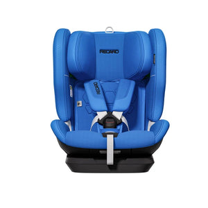 Recaro VELIX 1 in Calm Blue, front view showing padded shoulder straps, central buckle and adjustment strap.