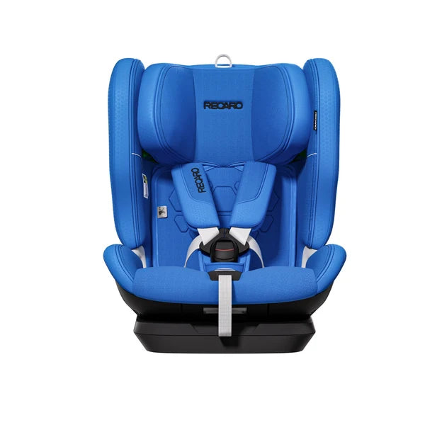 Recaro VELIX 1 in Calm Blue, front view showing padded shoulder straps, central buckle and adjustment strap.