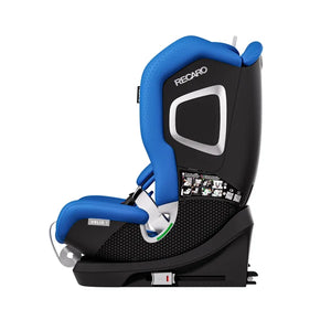 Recaro VELIX 1 in Calm Blue, side view showing silver-trimmed shell, black base and coiled adjustment strap.