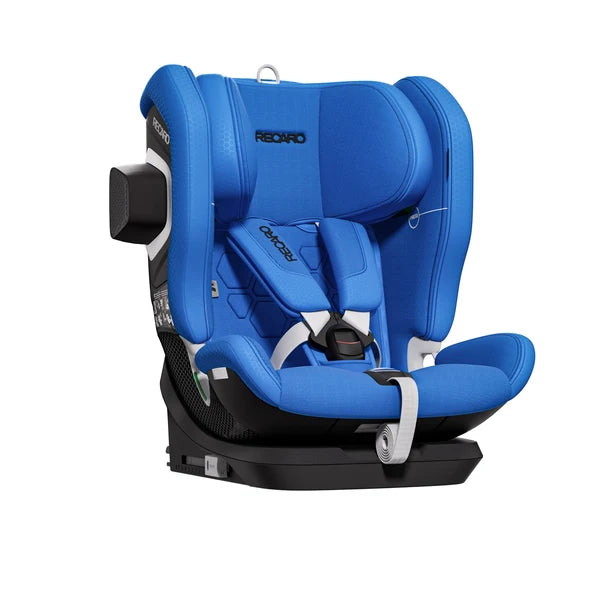 ecaro VELIX 1 in Calm Blue, angled front view with padded harness and a black outer side attachment.