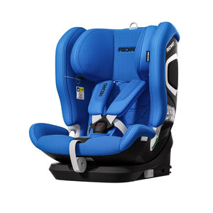 Recaro VELIX 1 in Calm Blue, angled front view showing padded harness and silver-trimmed side shell.