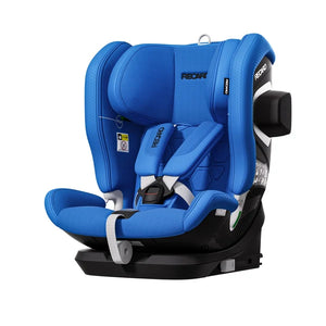 Recaro VELIX 1 in Calm Blue, angled front view showing padded harness and silver-trimmed side shell.