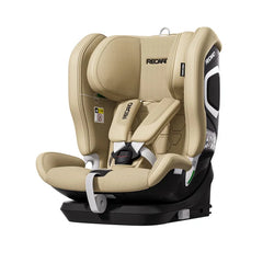 Recaro VELIX 1 in Elegant Beige, angled front view showing padded harness and silver-trimmed side shell.