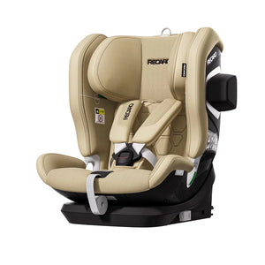 Recaro VELIX 1 in Elegant Beige, angled front view with padded harness and a black outer side attachment.