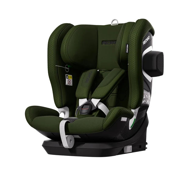 Recaro VELIX 1 in Epic Green, angled front view with padded harness and a black outer side attachment.