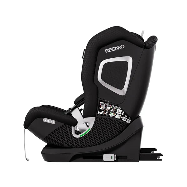 Recaro VELIX 1 in Fresh Black, side view with ISOFIX connectors extended behind the black base.