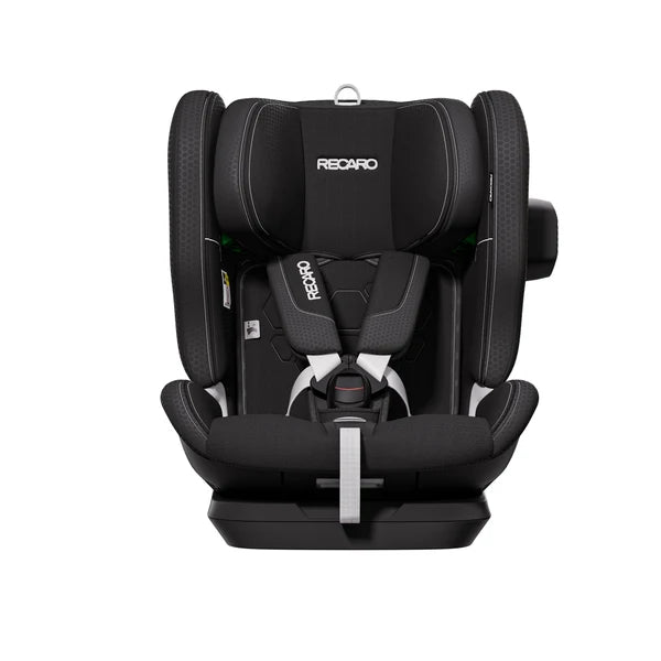 Recaro VELIX 1 in Fresh Black, front view with padded harness and a black attachment on the side wing.