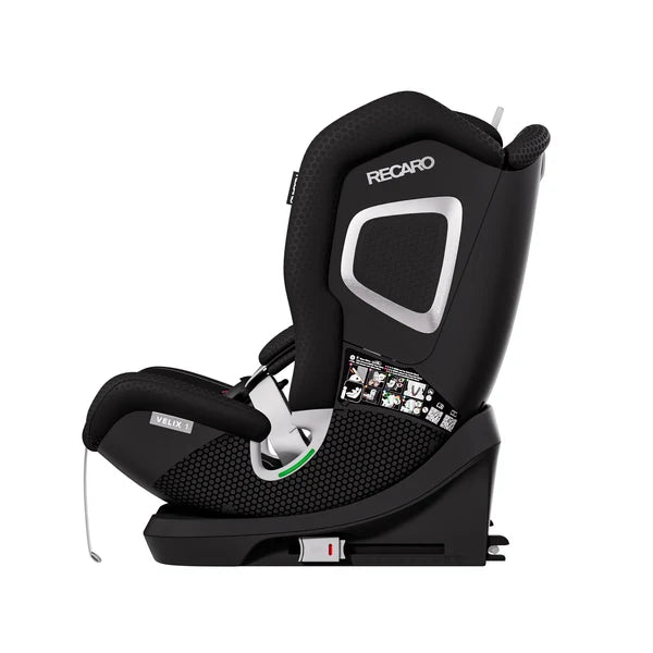Recaro VELIX 1 in Fresh Black, side view with ISOFIX connectors retracted beneath the base.