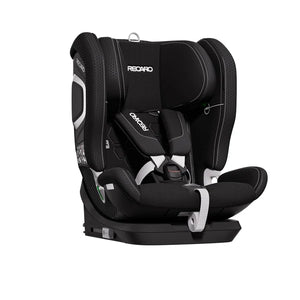 Recaro VELIX 1 in Fresh Black, angled front view showing padded harness, central buckle and contrast stitching.