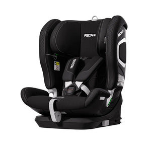 Recaro VELIX 1 in Fresh Black, angled front view showing padded harness and silver-trimmed side shell.