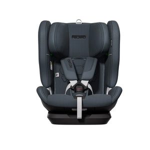 Recaro VELIX 1 in Gallant Grey, front view showing padded shoulder straps, central buckle and adjustment strap.