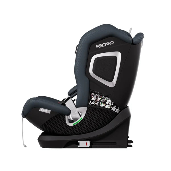 Recaro VELIX 1 in Gallant Grey, side view with ISOFIX connectors retracted beneath the base.