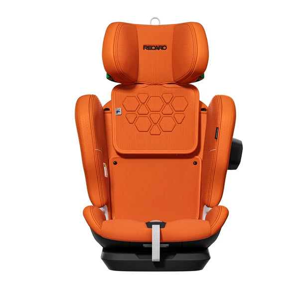 Vibrant Orange VELIX 1, front view with raised headrest, no shoulder harness visible and a black side attachment.