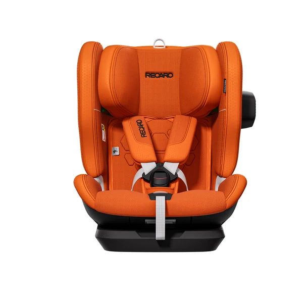 Recaro VELIX 1 in Vibrant Orange, front view showing padded harness, central buckle and black side attachment.