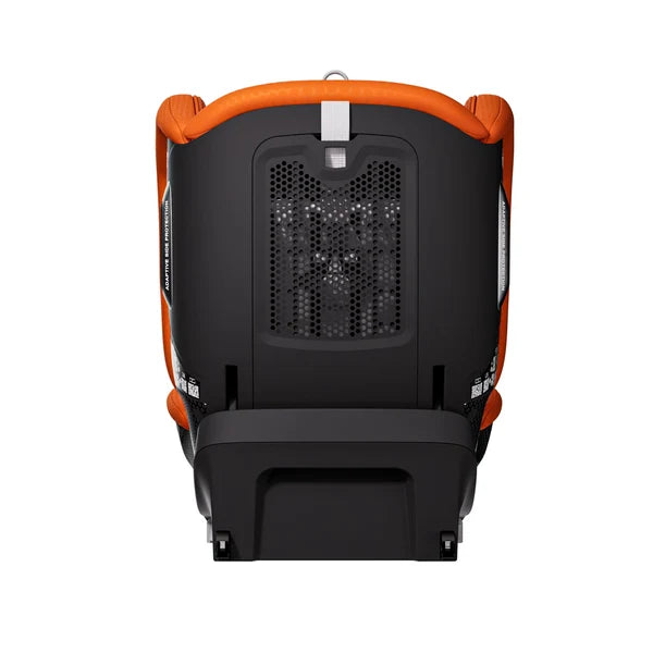Recaro VELIX 1 in Vibrant Orange, rear view showing the black shell and perforated ventilation panel.