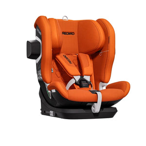 Recaro VELIX 1 in Vibrant Orange, angled front view with padded harness and a black outer side attachment.